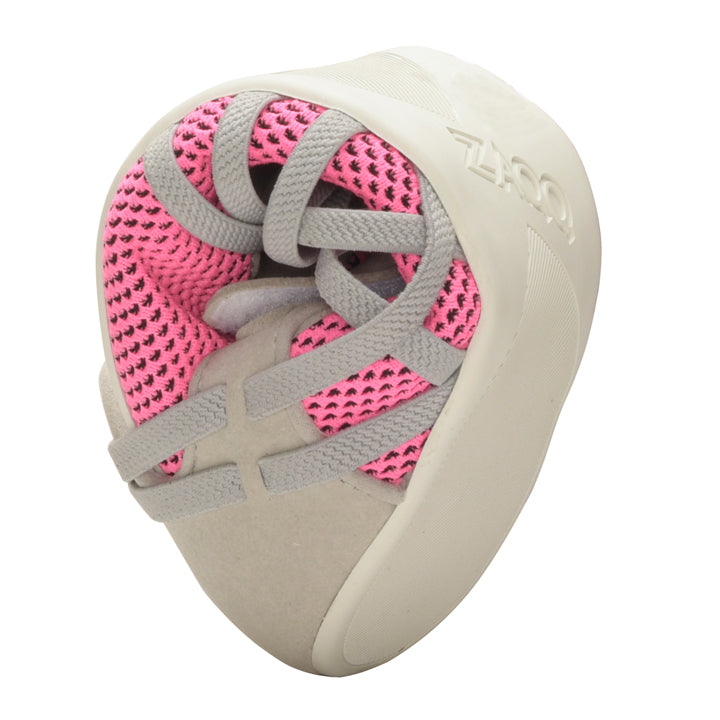 The QLAIRE Pink barefoot shoe from ZAQQ Presented rolled up, showing off its flexible sole and lightweight construction. The light gray mesh fabric with a pink and gray knit design features a visible tread pattern for improved comfort.