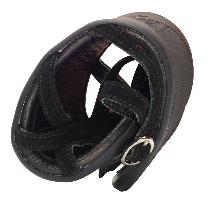 The black hoof shoe ZAQQ QADA made of suede leather has adjustable straps and metal buckles to protect the horse's hooves. On a white background, it combines style with functionality.