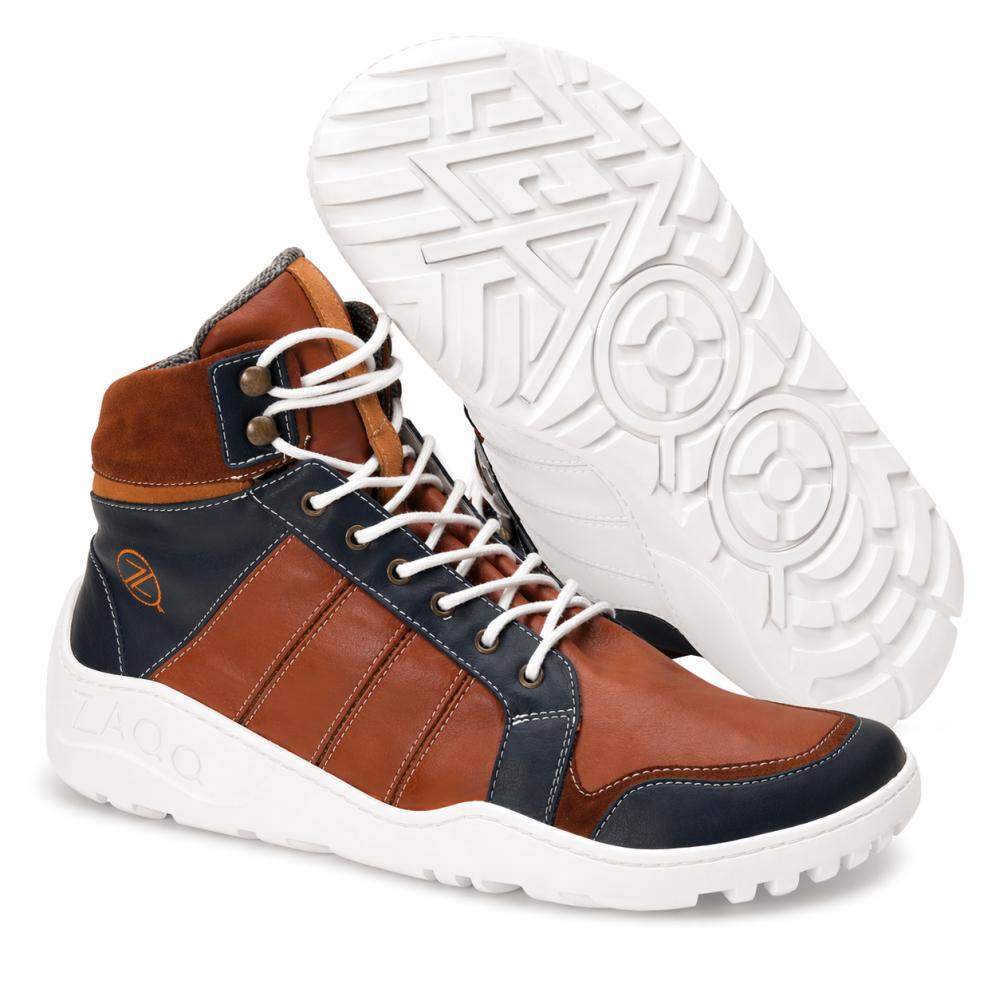 wasserdichterOutdoor Barfußschuh in orangebraun und dunkelblau mit Ultragrip Sohle