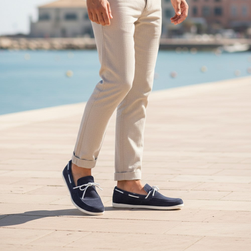【SHE Tokyo】Yves navy size1 ホワイト/ネイビー QEA Velours Blue: Boat Shoes Men | ZAQQ Barefoot Shoes