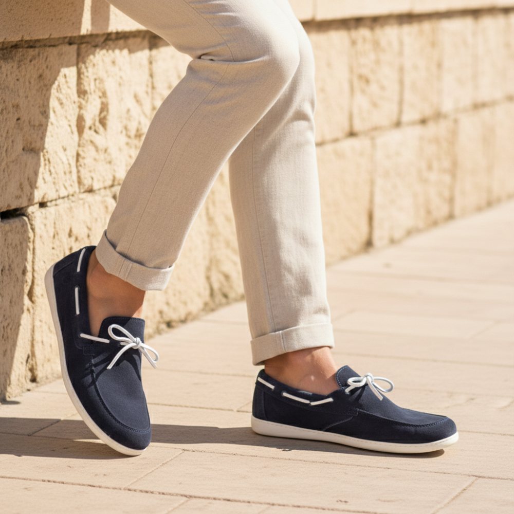 QEA Velours Blue: Boat Shoes Men | ZAQQ Barefoot Shoes